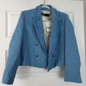 Zara Baby Blue Tweed Cropped Blazer NWT